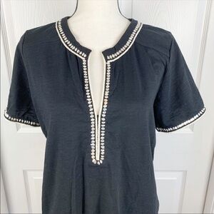 Black Sequin Trim Split Neck Top Size 12
